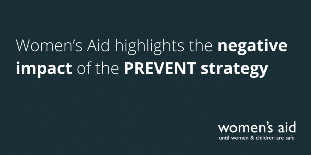 [Image Description: Dark blue background with text reading Women's Aid highlights the negative impact of the PREVENT strategy]