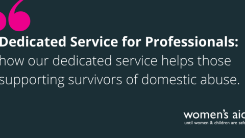 Dark blue background with the test 'Dedicated Service for Professionals: how our dedicated service helps those supporting survivors of domestic abuse'. The Women's Aid logo is in white in the bottom right hand cornor. In the top left there are speech marks in pink.